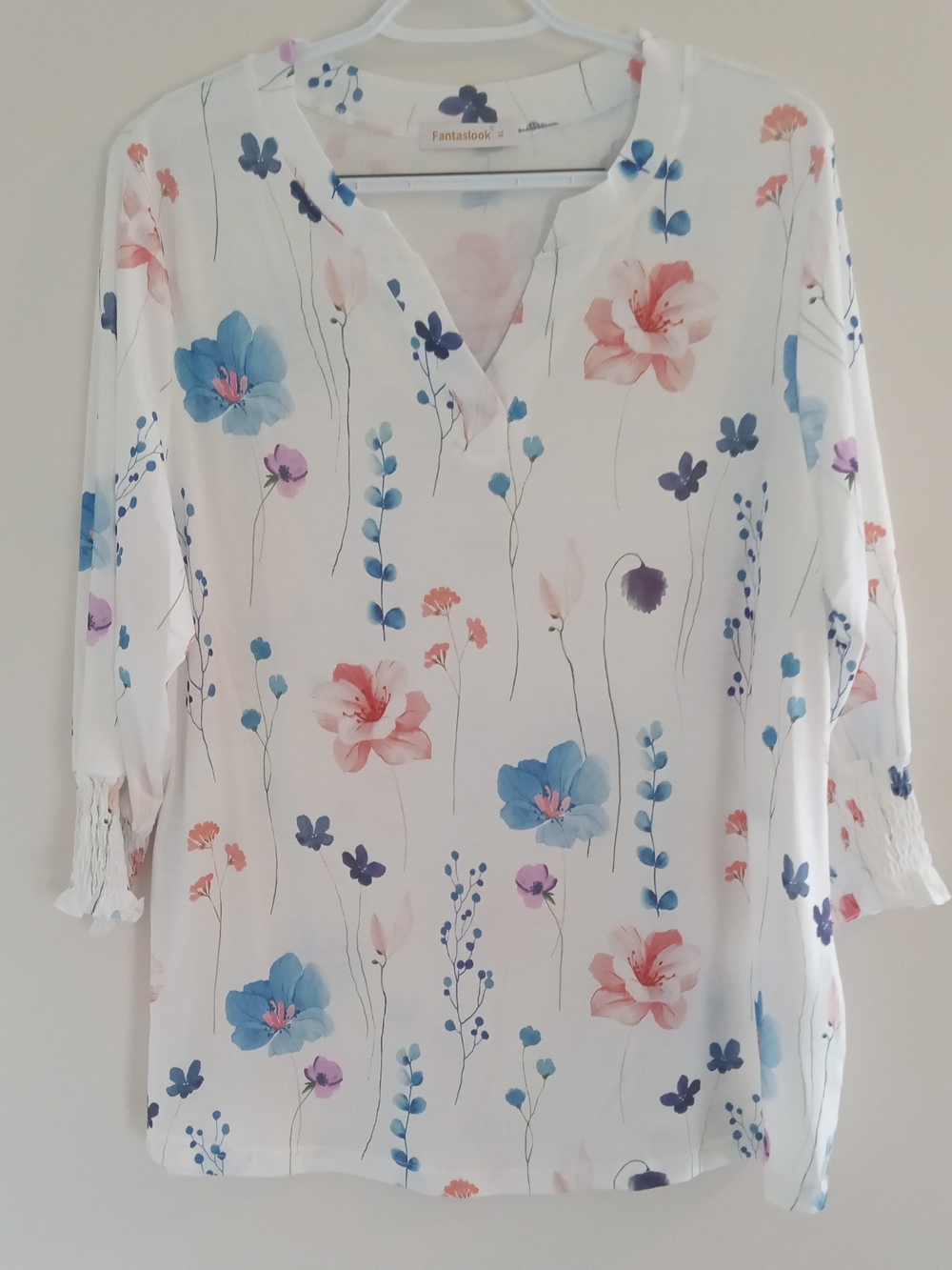 Fantastock White Floral V-Neck Blouse with Blue & Coral Blooms